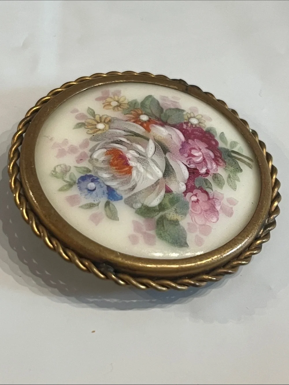 VINTAGE LIMOGES PORCELAIN HAND PAINTED FLORAL PIN, signed